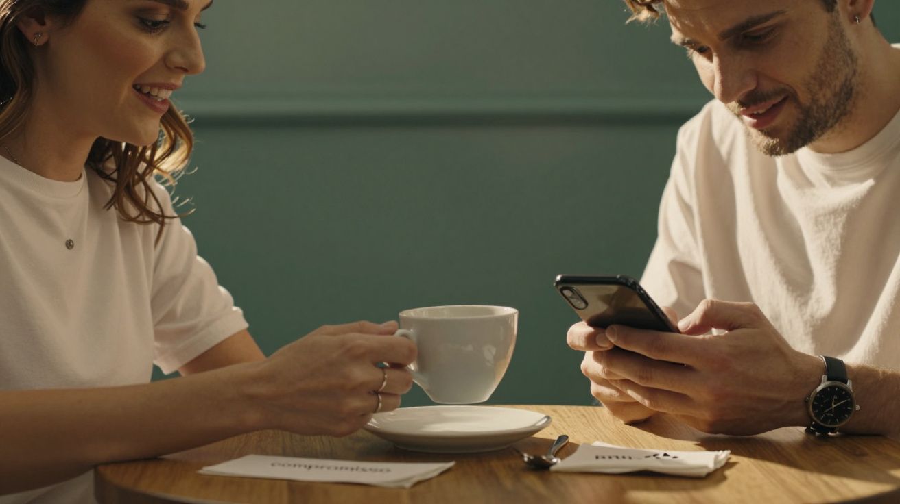 Homem e mulher a conversar numa mesa de café; ele usa telemóvel; ela segura chávena de café.