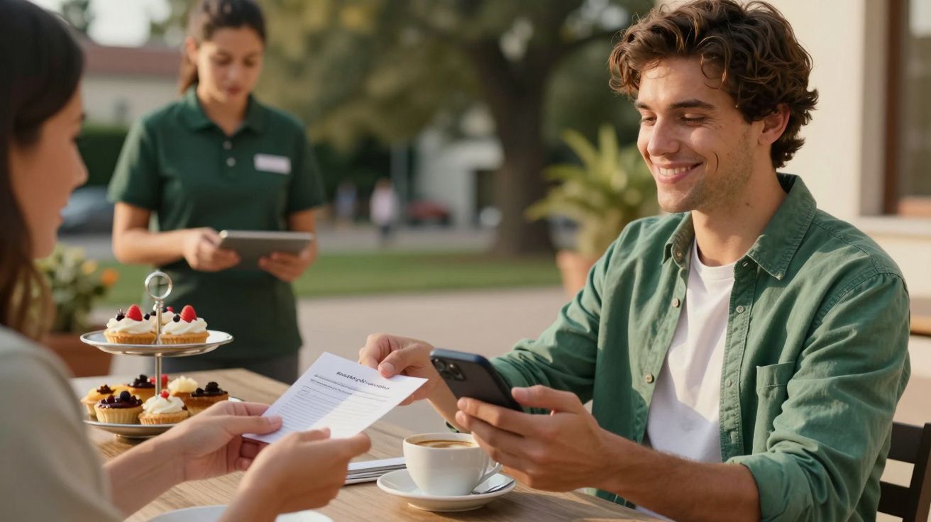 Homem a sorrir com smartphone numa esplanada, ao lado de doces; outra pessoa segura um menu e funcionária ao fundo.