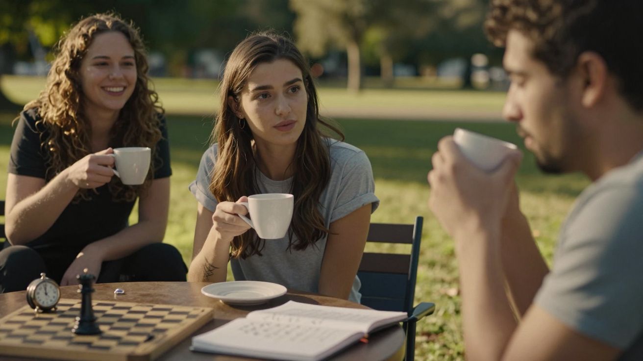 Três pessoas conversam ao ar livre, segurando chávenas de café, com um tabuleiro de xadrez sobre a mesa.