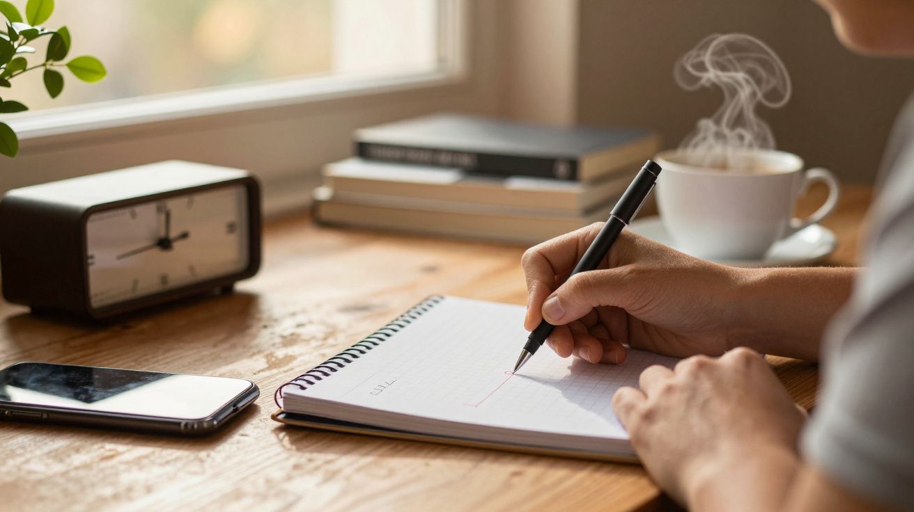 Pessoa a escrever num caderno numa mesa de madeira, com uma chávena de café, um telemóvel e despertador ao lado.