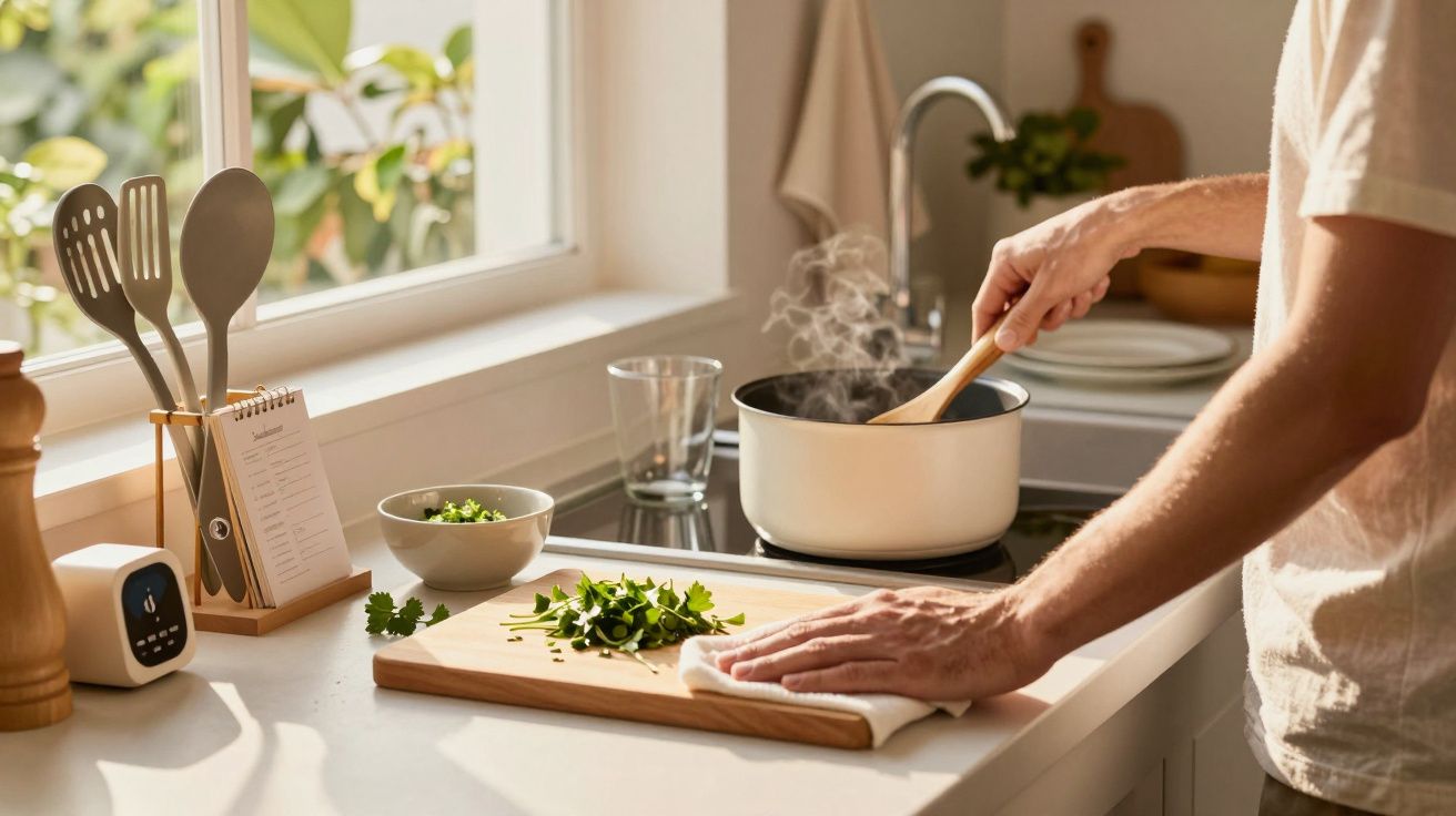 Pessoa a cozinhar, mexendo numa panela ao lume. Ervas frescas picadas numa tábua ao lado, ambiente iluminado.