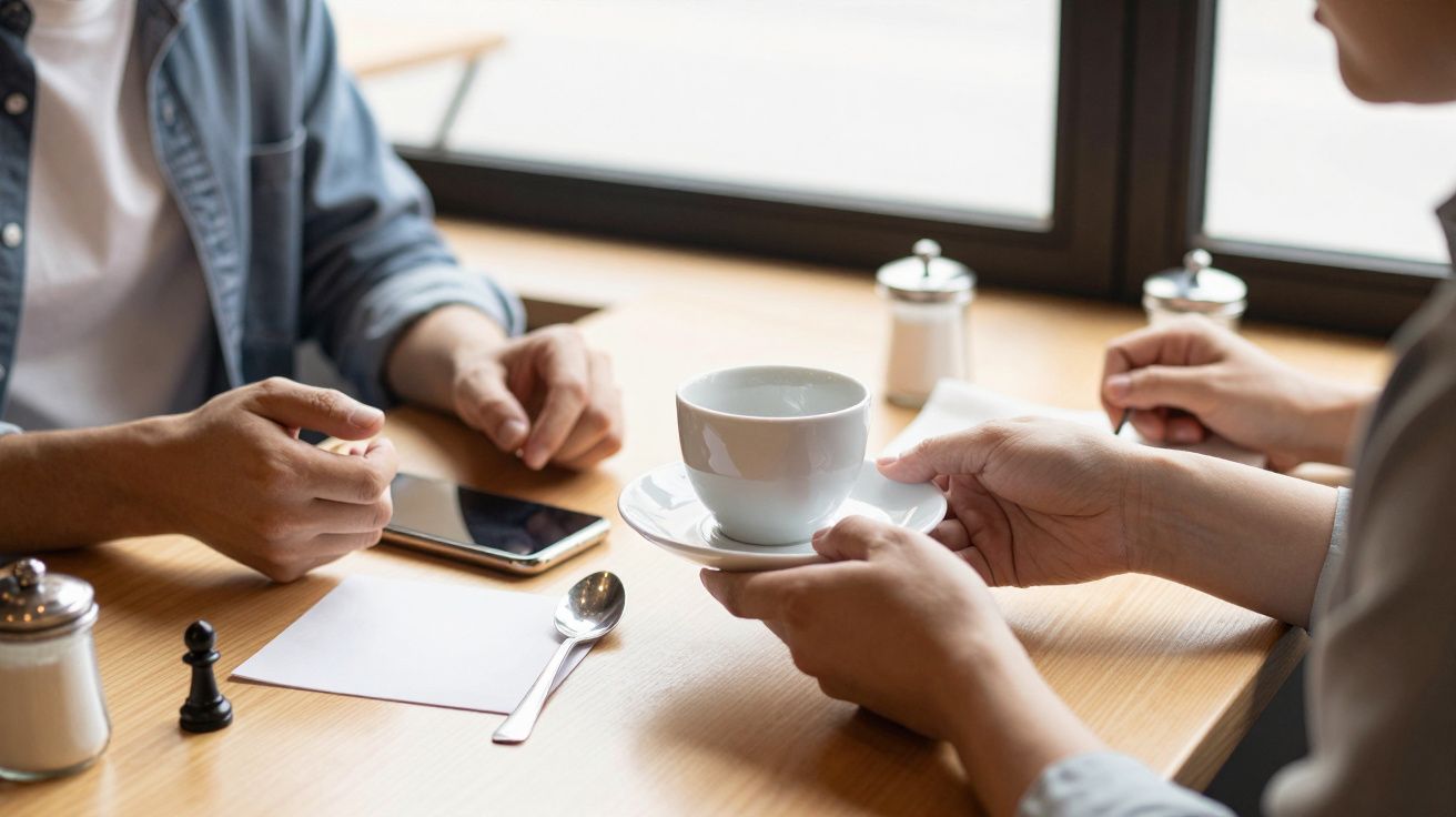 Duas pessoas sentadas à mesa, uma oferece uma chávena de café enquanto outra mexe no telemóvel.