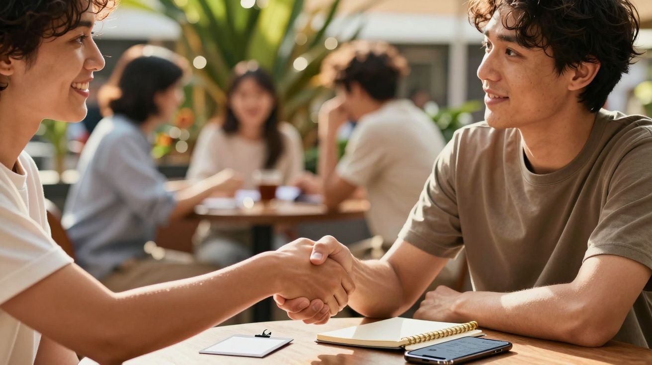 Dois homens apertam as mãos sorrindo numa esplanada, com bloco de notas e telemóvel sobre a mesa.
