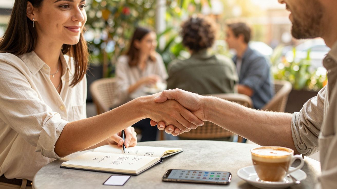 Mulher e homem apertam as mãos numa mesa de café com um caderno e chávena, ilustrando acordo ou negócio.