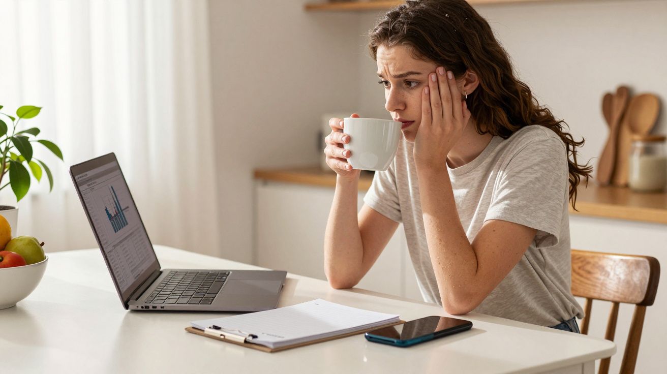 Mulher preocupada, segurando chá, olha para portátil com gráficos na mesa, num ambiente de cozinha.