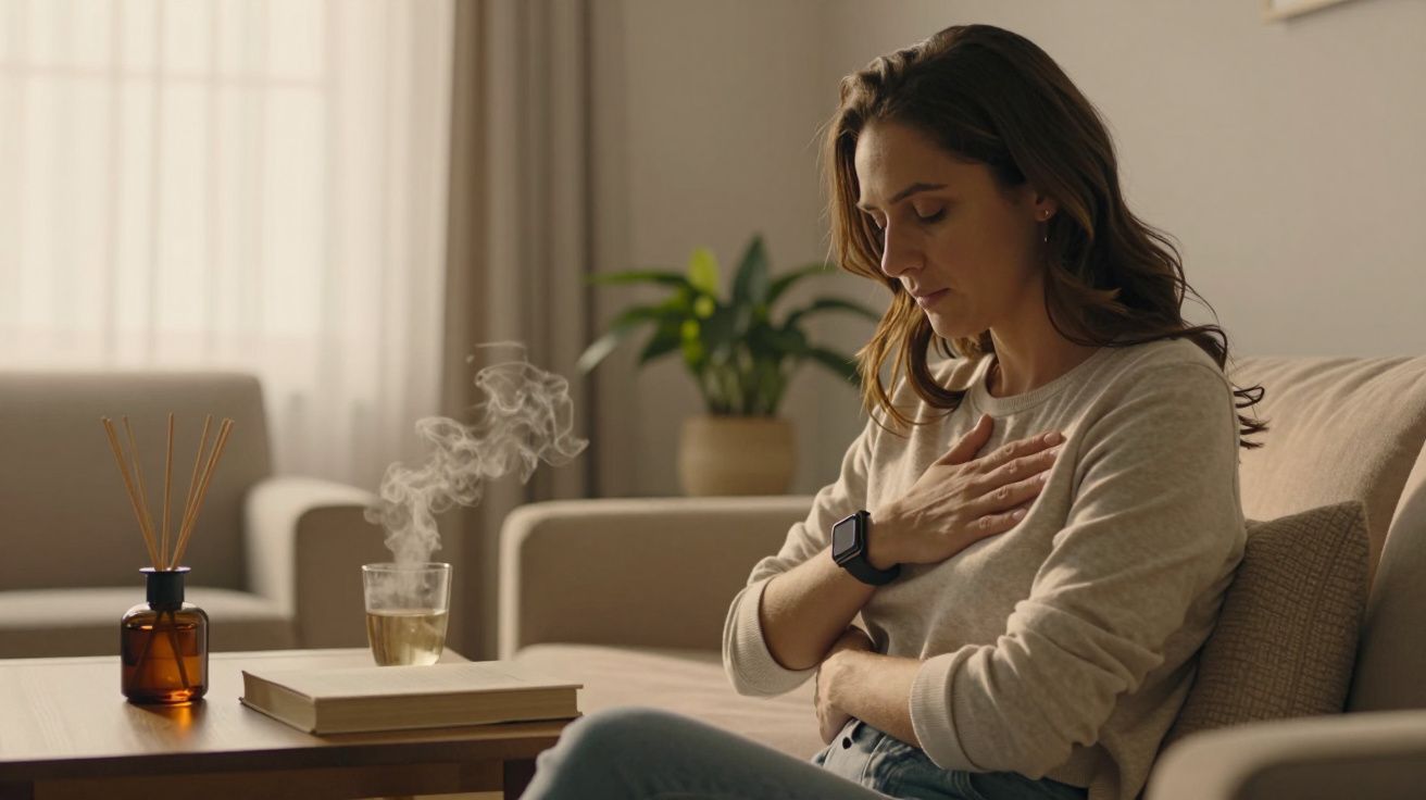Mulher sentada no sofá com a mão no peito, chá e difusor na mesa.