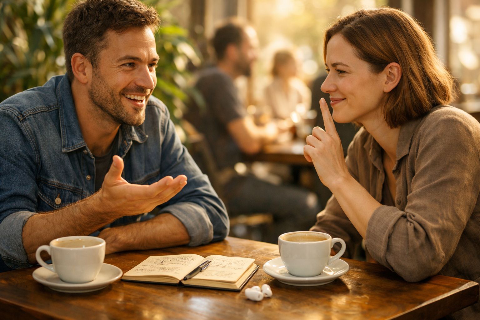 Dois jovens conversam numa cafeteria, com um gráfico de som flutuando entre eles, várias pessoas ao fundo.