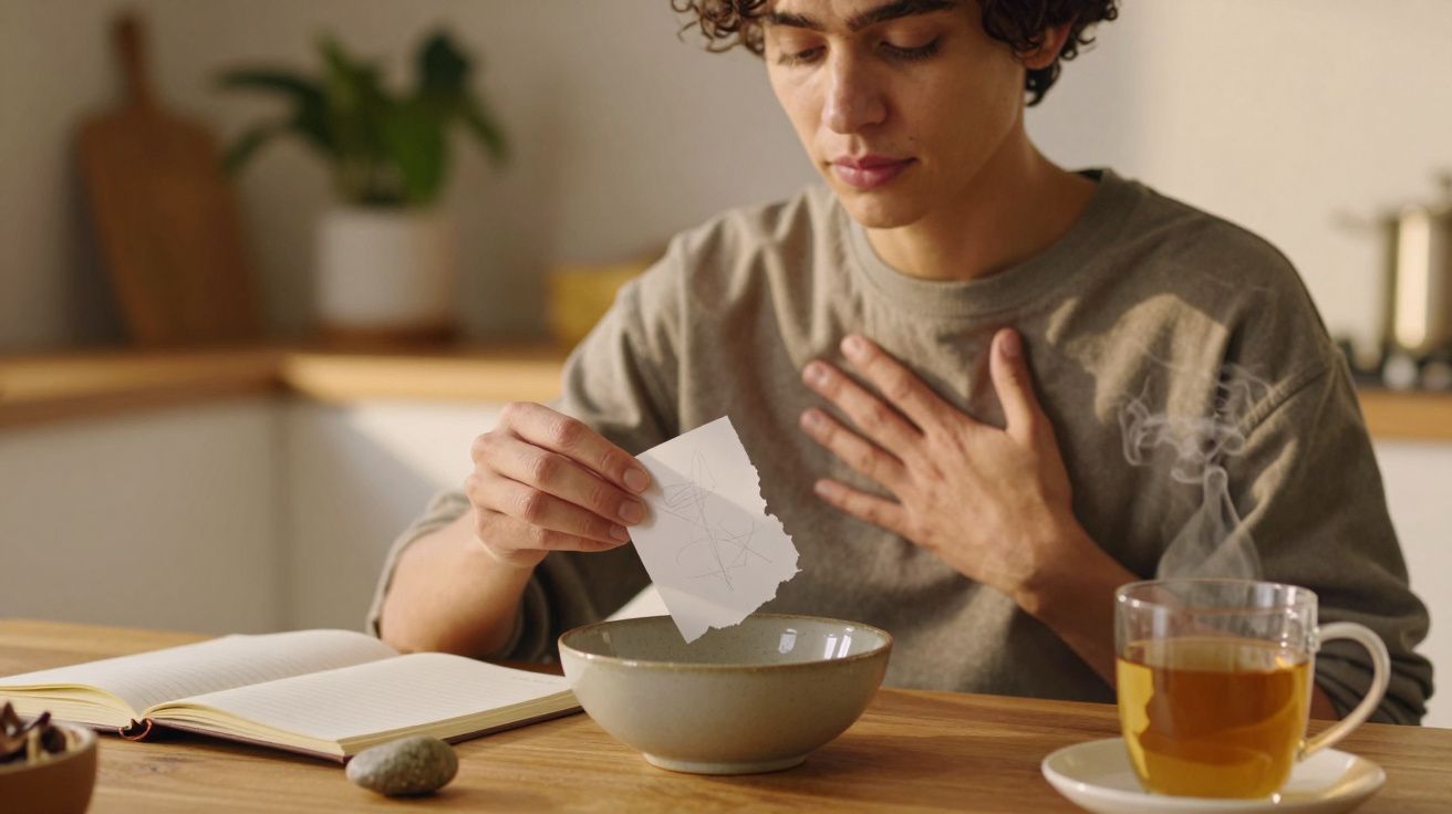 Pessoa sentada à mesa, com mão no peito, segura papel sobre uma tigela. À direita, chá e bloco de notas.