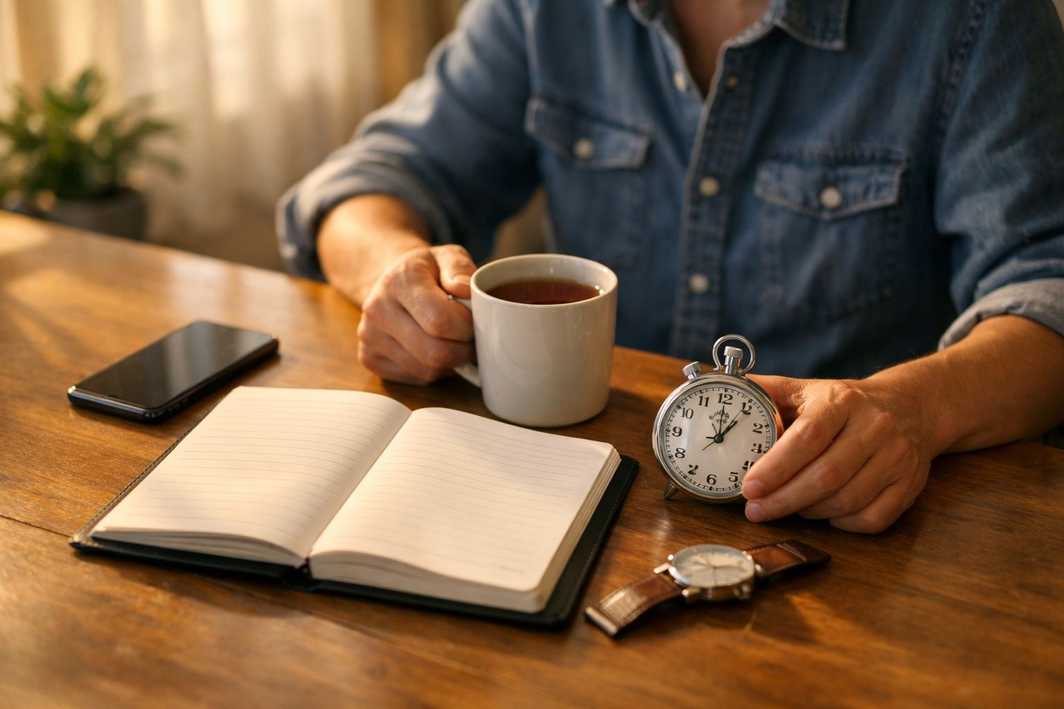 Homem sentado à mesa de cozinha, segurando chávena fumegante, com caderno aberto, frutas e relógio ao lado.