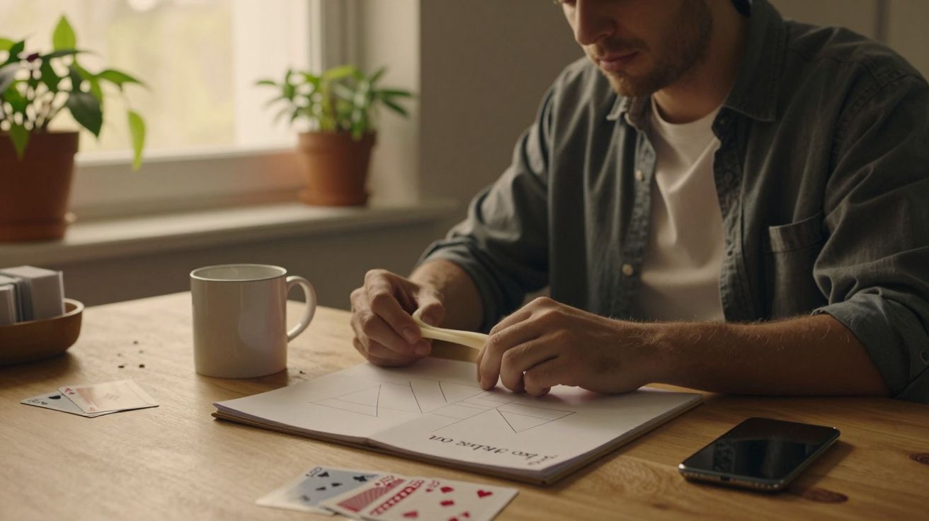 Homem sentado à mesa com café e telemóvel, construindo forma geométrica com peças de madeira e cartas de baralho.