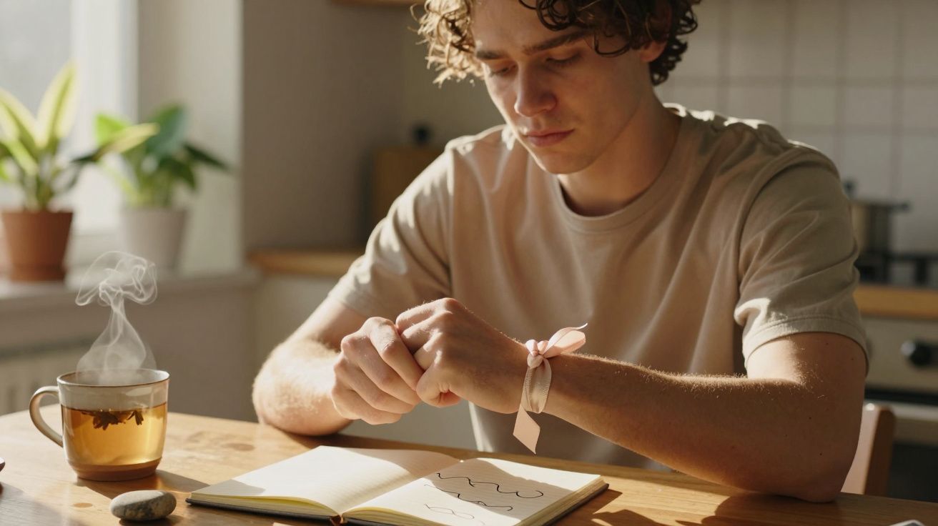 Jovem sentado à mesa, olhando para o relógio, com chá quente e caderno aberto ao lado, em ambiente luminoso.