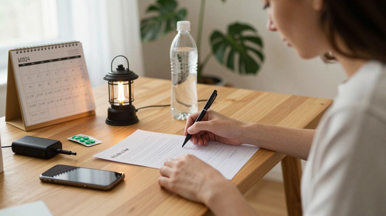 Mulher sentada à mesa, escreve num papel. Há lanternas, garrafa de água, calendário e comprimidos sobre a mesa.