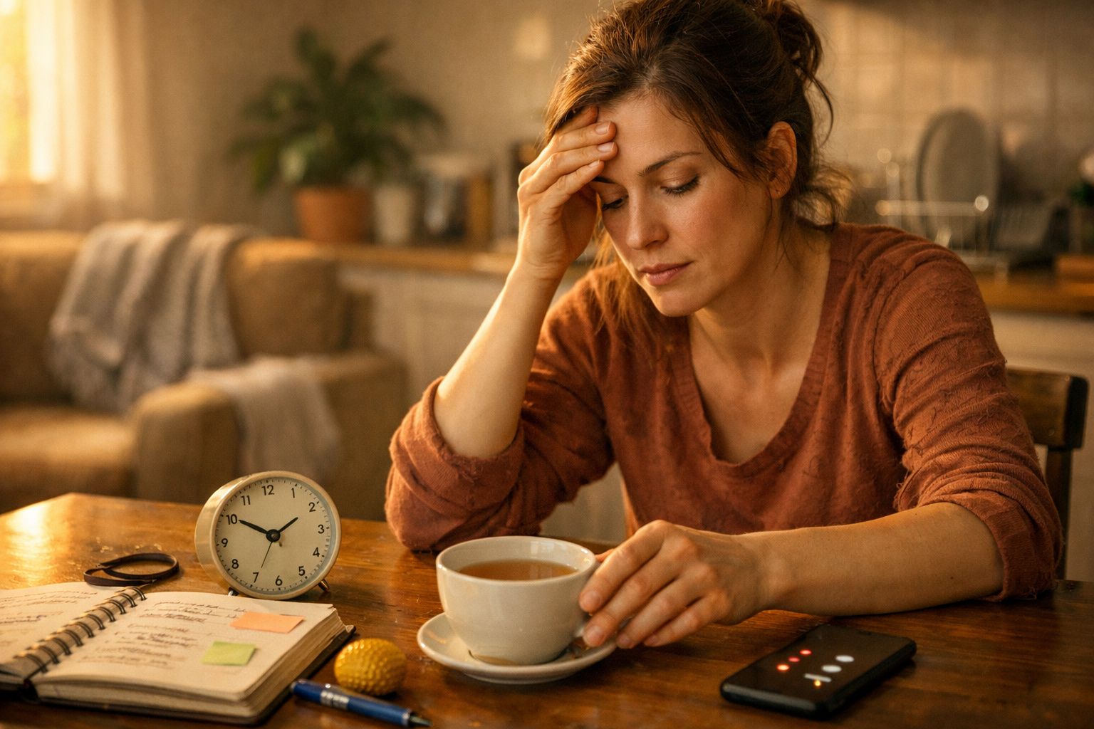 Mulher a beber café e a estudar na cozinha, com caderno e telemóvel na mesa.