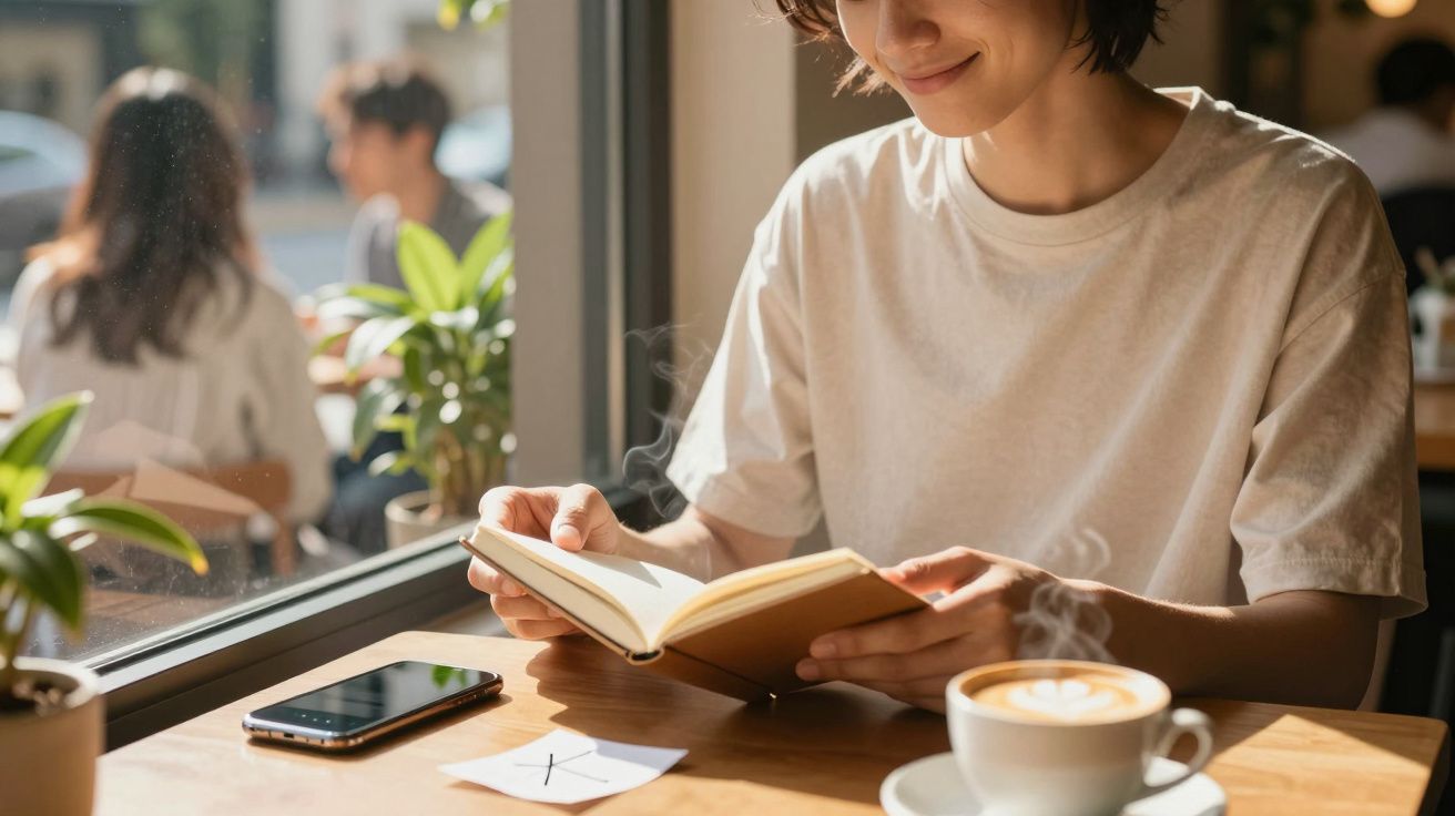Pessoa a ler livro numa cafeteria ensolarada, com café e telemóvel na mesa.