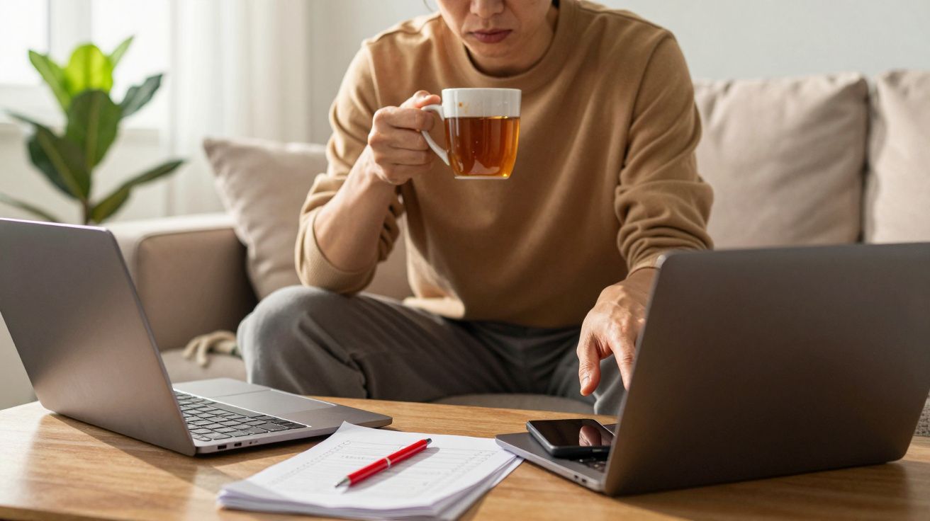 Pessoa sentada no sofá com chá, a trabalhar em dois portáteis numa mesa com caderno, caneta e telemóvel.