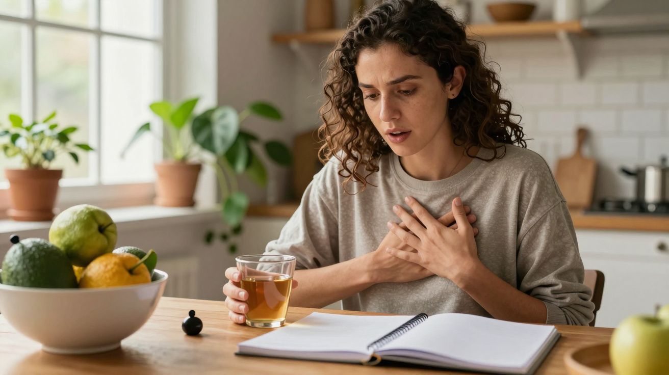 Mulher preocupada segura chá, mão no peito, sentada à mesa com caderno aberto em cozinha arejada com plantas.