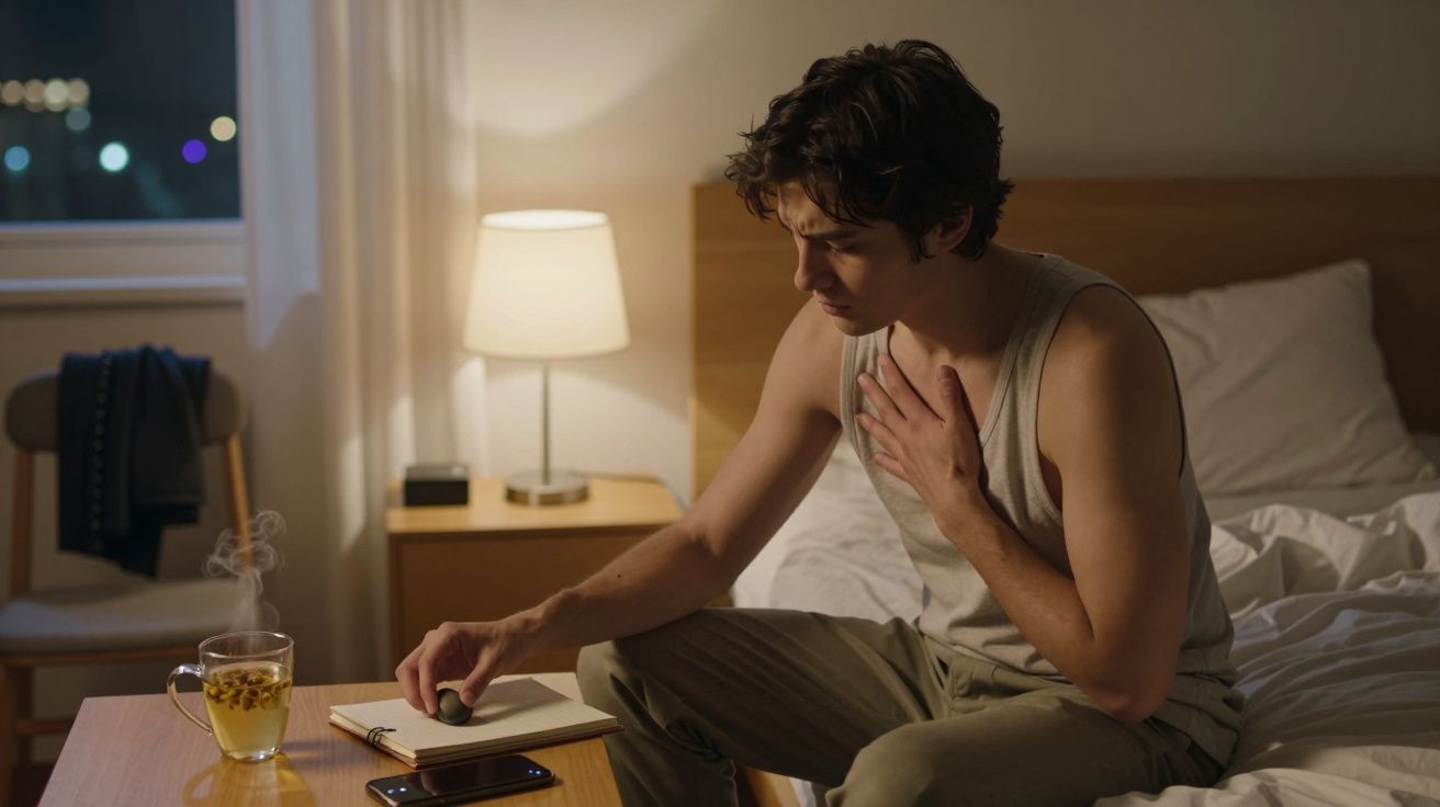 Homem sentado na cama, com a mão no peito, olhando para um caderno. Mesa com chá, telemóvel e abajur ao lado.