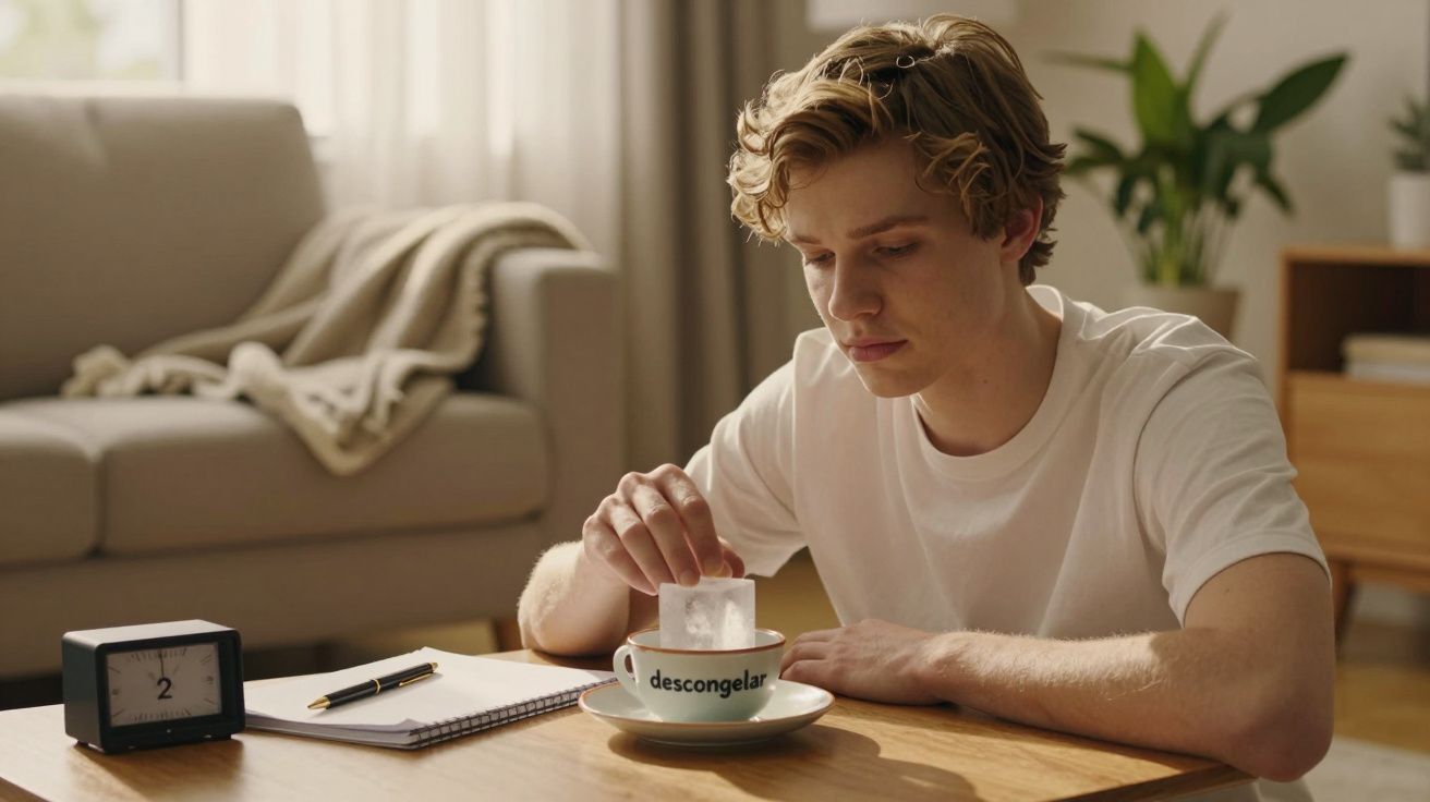 Jovem segurando cubo de gelo numa chávena com a palavra "descongelar", sentado à mesa numa sala iluminada.