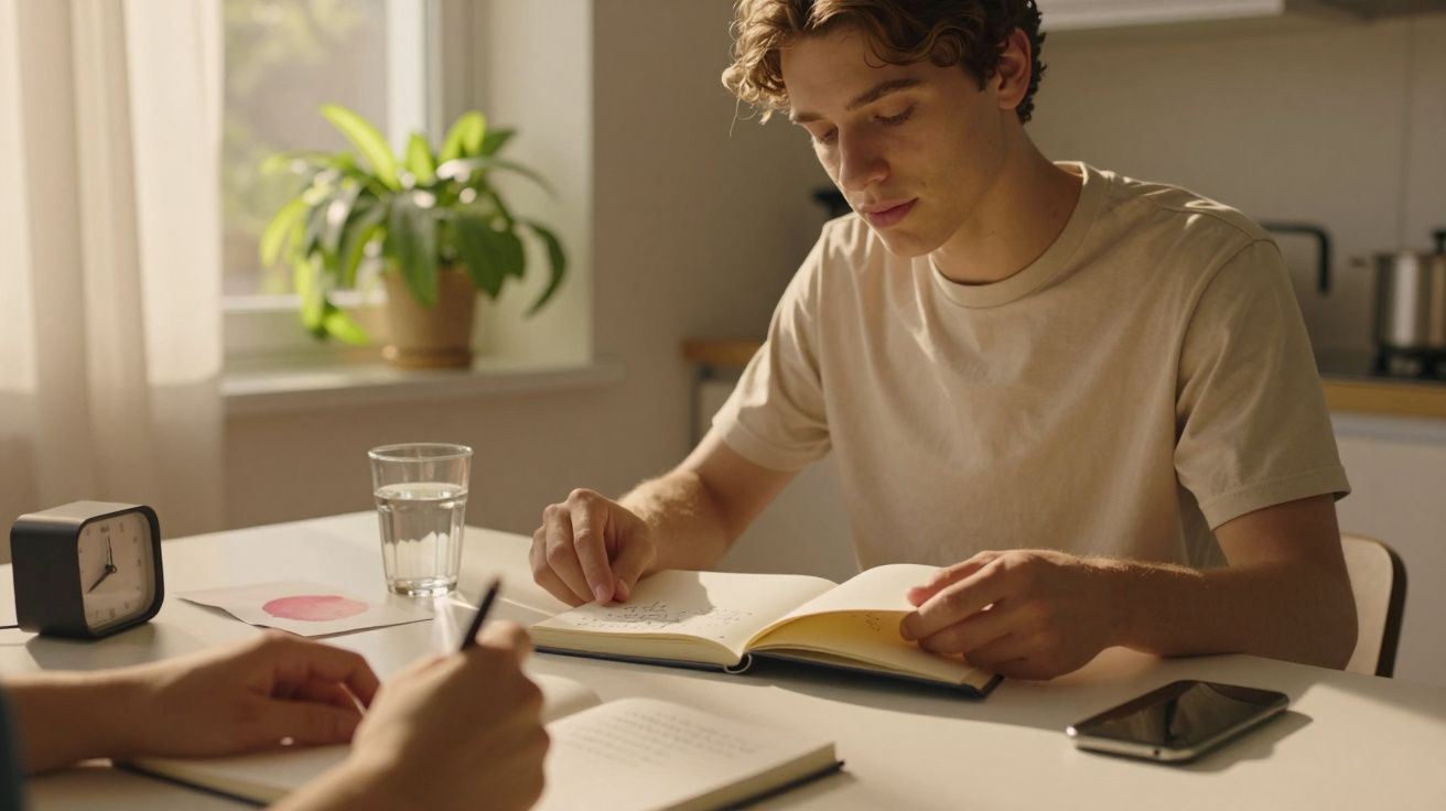 Jovem sentado à mesa, lendo um livro, enquanto outra pessoa escreve. Há um copo de água e um despertador na mesa.