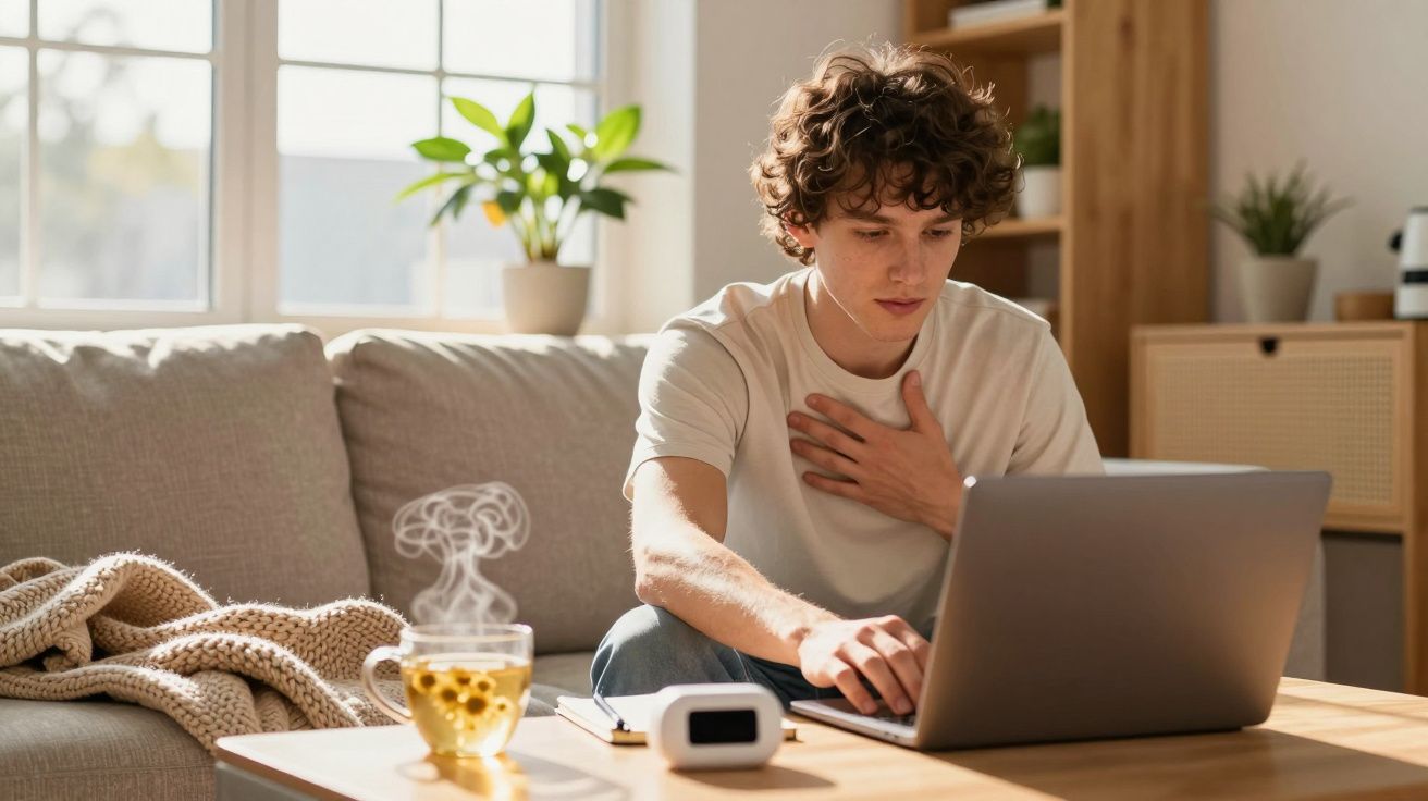 Jovem sentado no sofá, com a mão no peito, olhando para o portátil. Xícara de chá e planta ao fundo.
