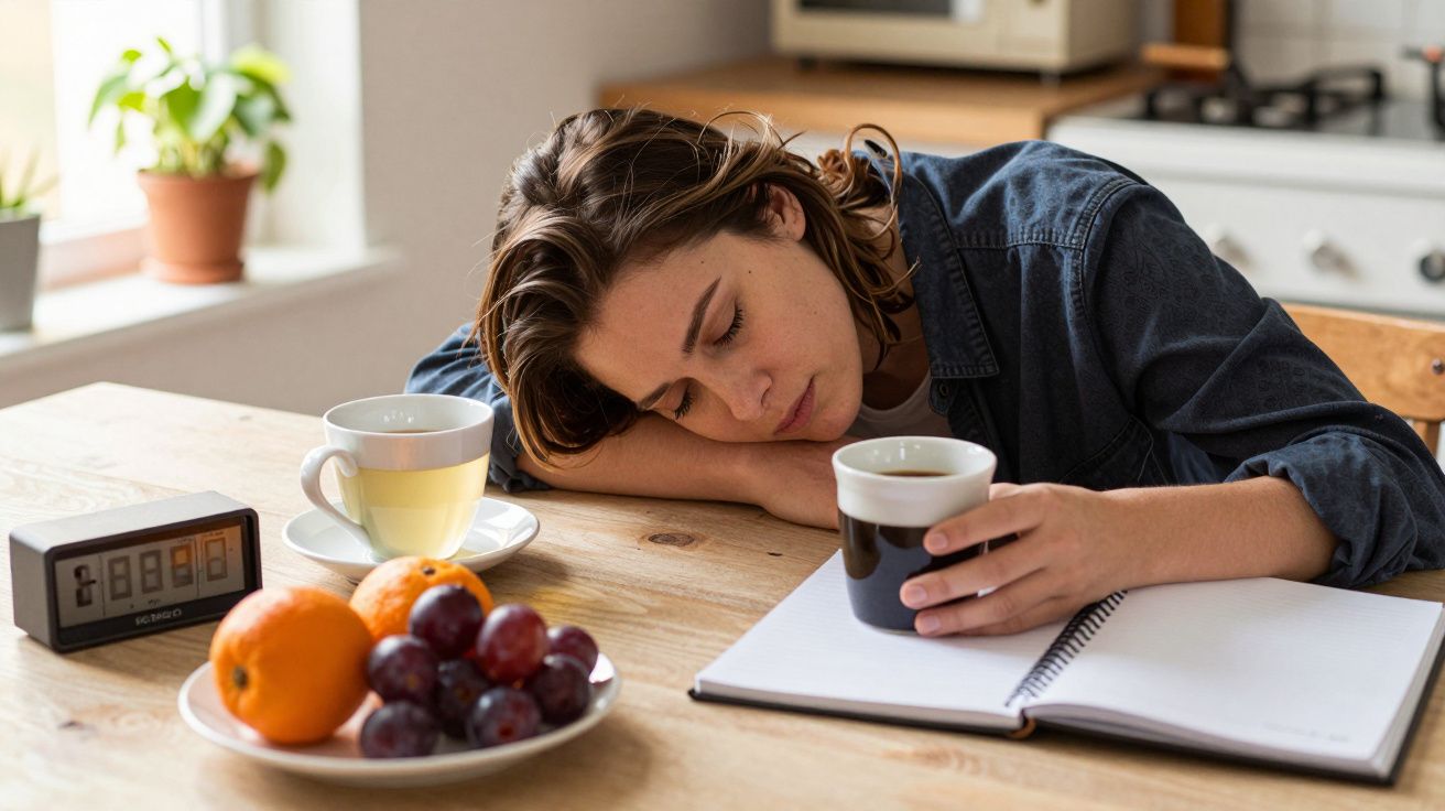 Mulher cansada com a cabeça sobre a mesa segurando uma chávena de café, caderno e frutas ao lado.