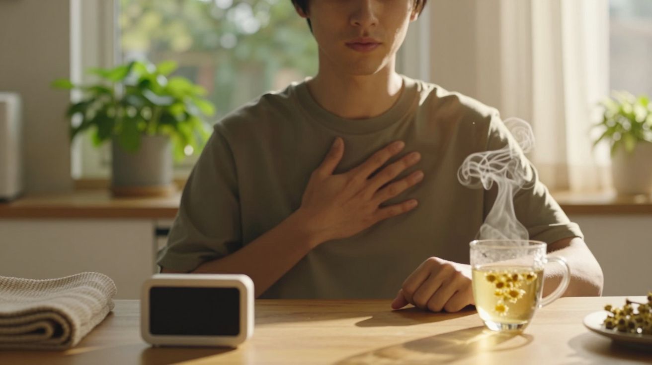 Pessoa em frente a um copo de chá fumegante, mão no peito, ecrã branco ao lado, plantas na janela ao fundo.