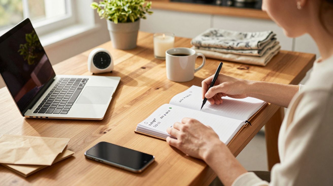 Pessoa escrevendo em caderno numa mesa com portátil, telemóvel, chávena e planta ao lado.