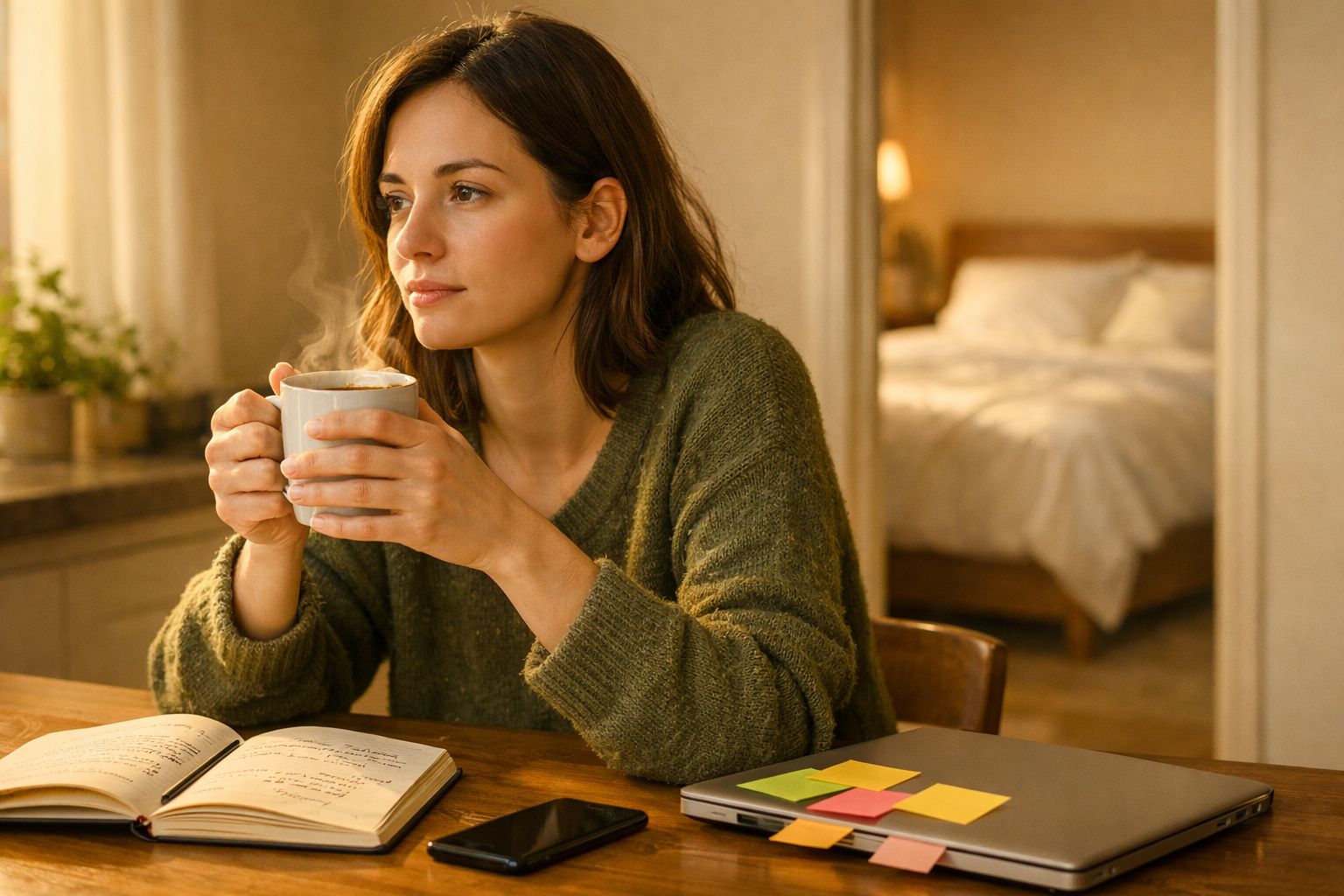 Mulher pensativa escreve num caderno, sentada numa mesa de madeira numa cozinha, com plantas e caneca ao lado.