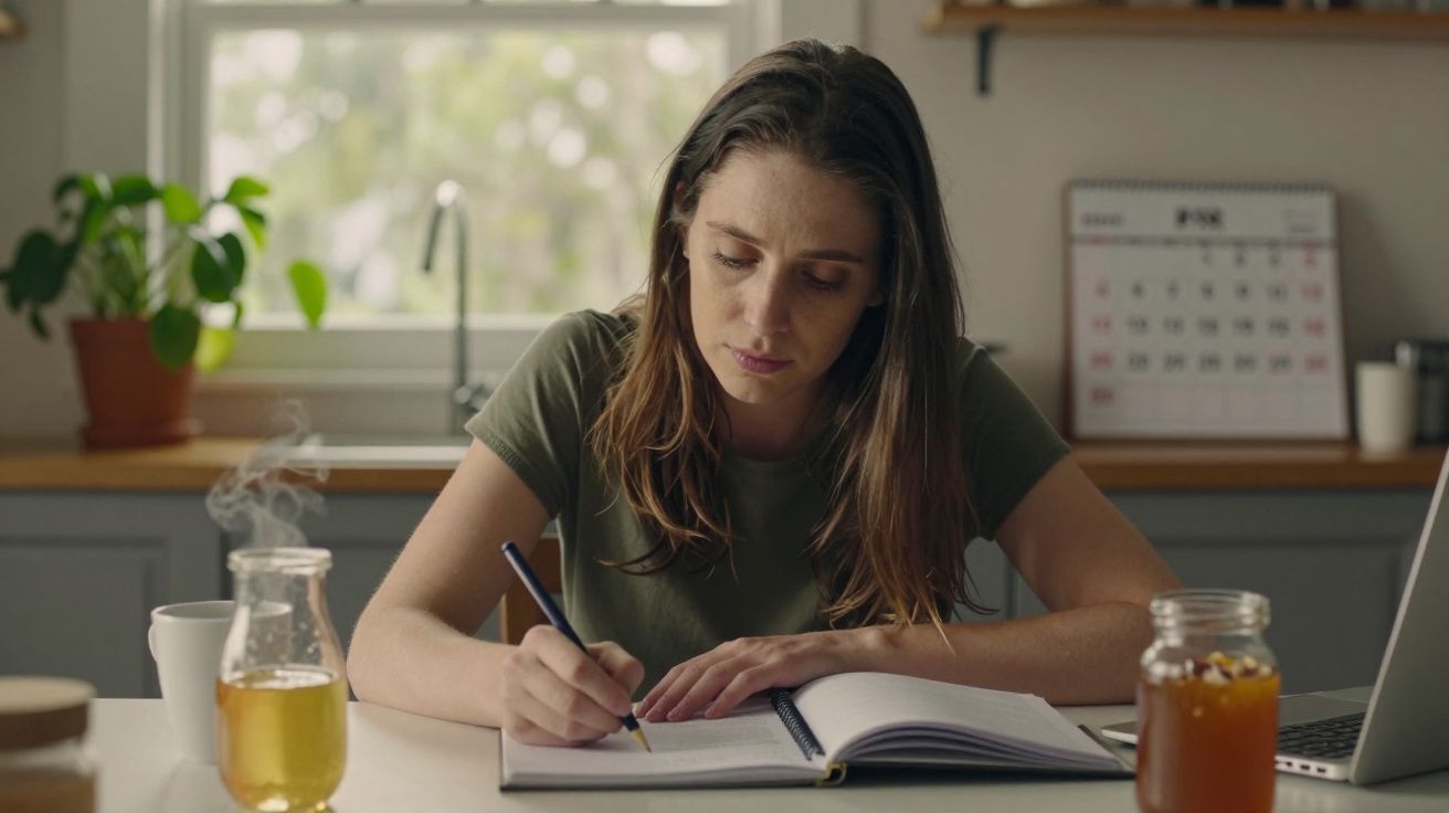Mulher jovem escreve num caderno numa cozinha bem iluminada, com um copo de chá e um computador ao lado.