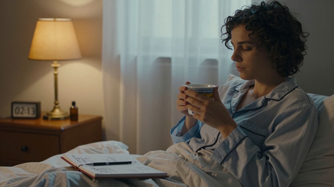 Mulher de pijama azul a beber chá na cama, com um diário aberto e candeeiro aceso numa mesa de cabeceira às 02:15.