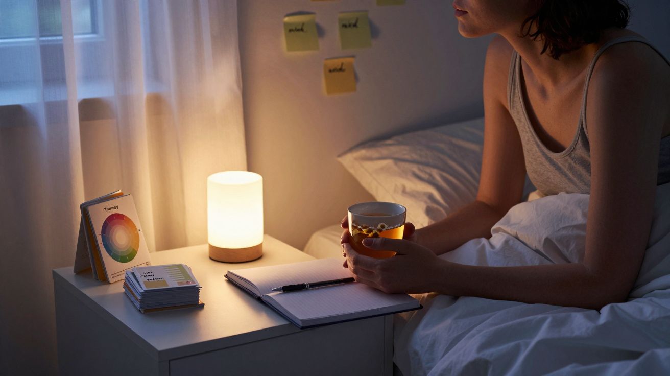 Mulher sentada na cama, segurando uma caneca, com um caderno e uma luz suave numa mesa de cabeceira ao lado.