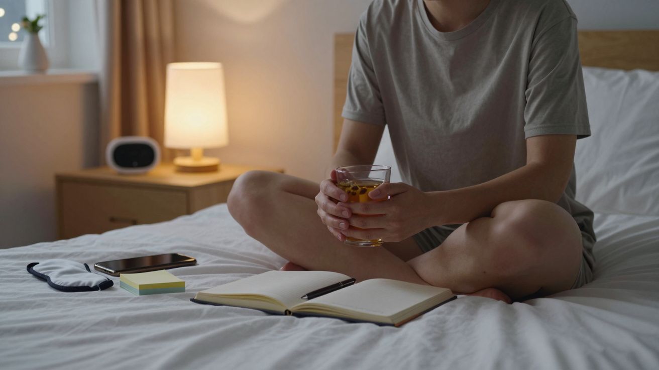 Pessoa sentada numa cama com copo, livro aberto, máscara de dormir e telemóvel ao lado, luz suave de candeeiro.
