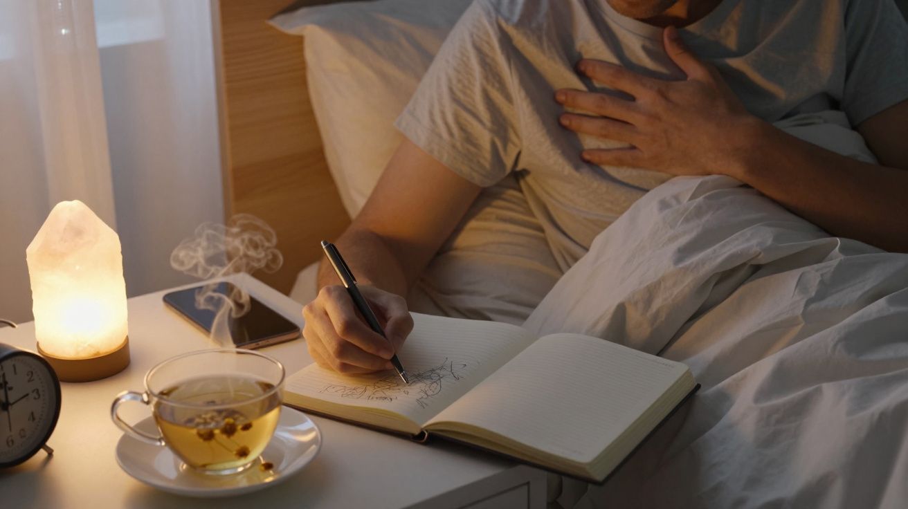 Pessoa escreve num caderno na cama, ao lado de uma chávena de chá, um abajur e um relógio.