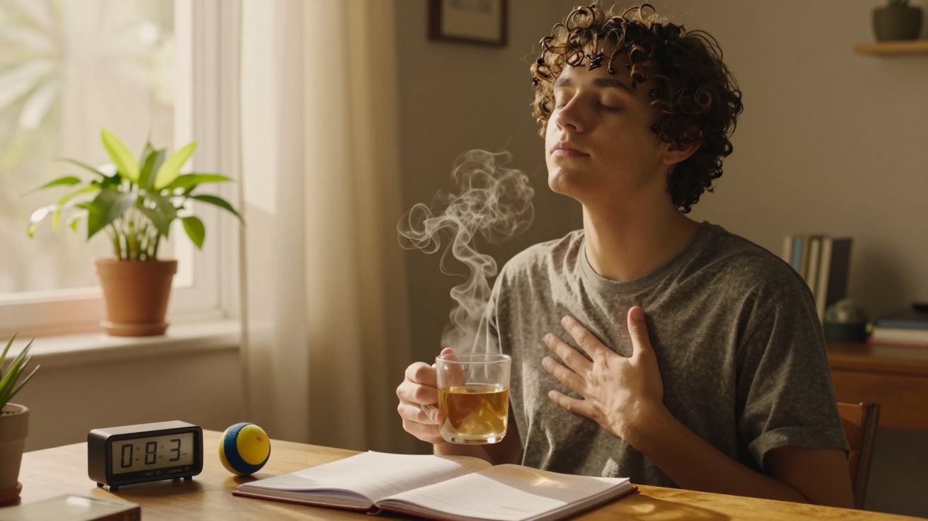 Pessoa de olhos fechados, segurando um copo de chá quente, relaxa numa mesa com um livro aberto e um despertador ao lado.