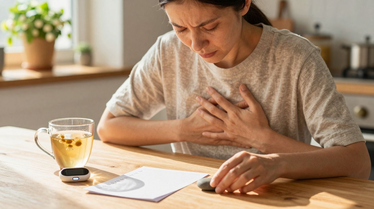 Mulher com dor no peito sentada à mesa, com chá, bloco de notas e dispositivo na frente.
