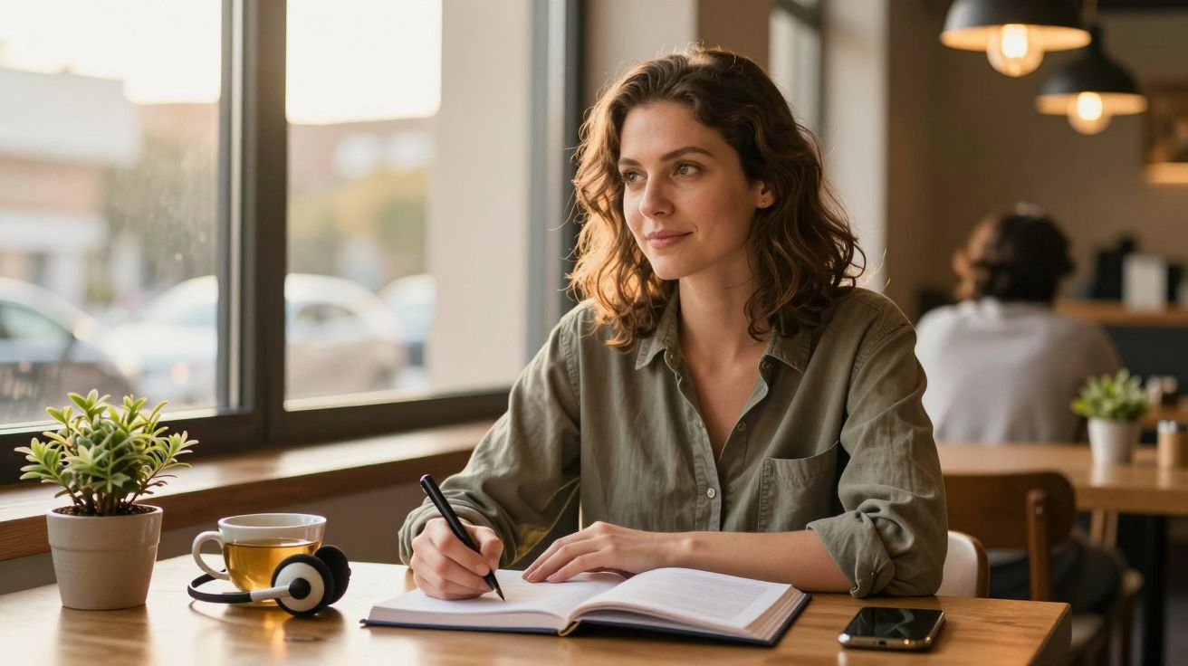 Mulher sentada em café, escreve num caderno ao lado de uma chávena, auscultadores e planta, junto à janela.