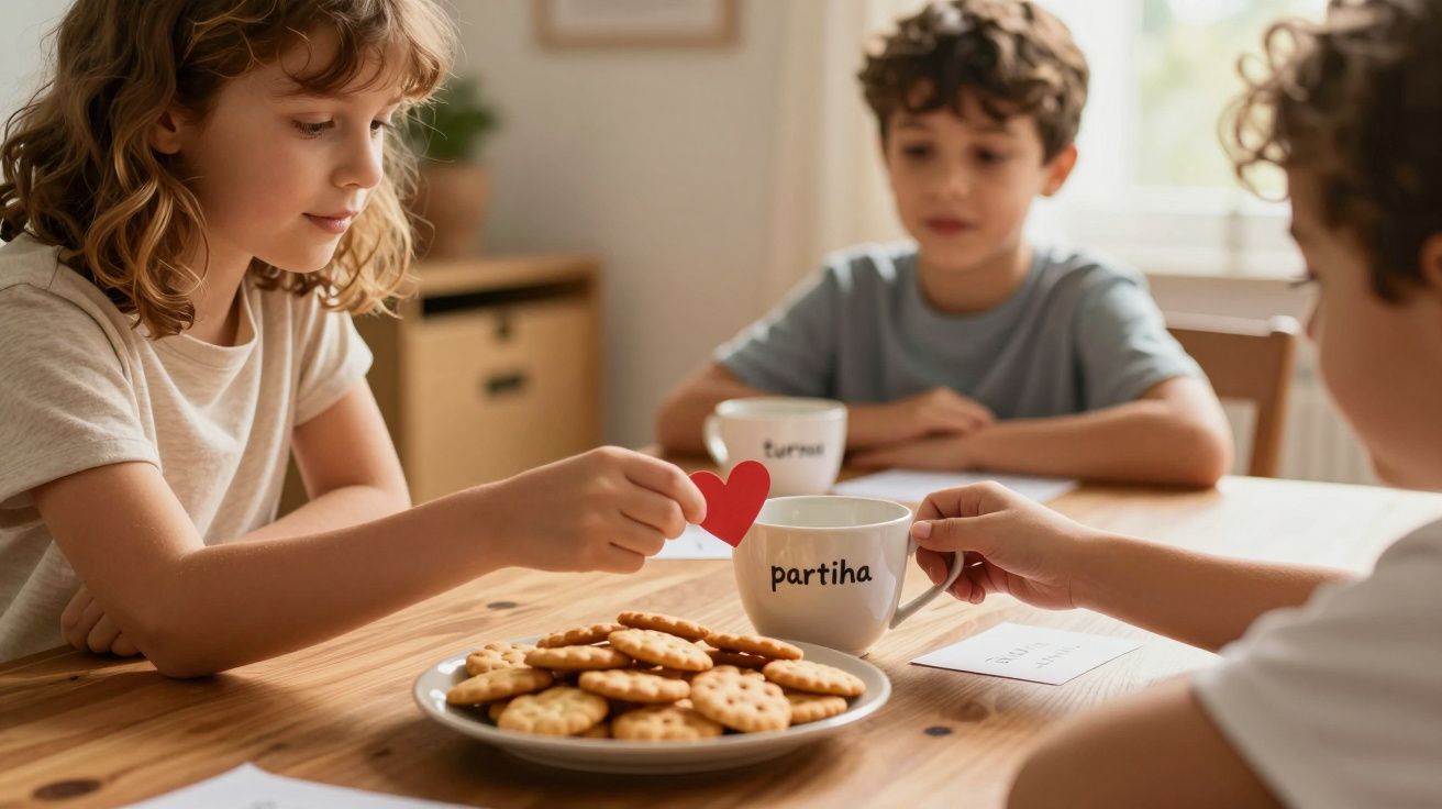 Três crianças à mesa com bolachas e chá. Uma criança segura um coração vermelho próximo de uma caneca com "partilha".