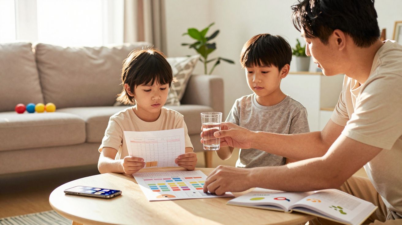 Homem em casa ensina duas crianças, mostrando papéis coloridos sobre a mesa. Há um copo de água e um smartphone.