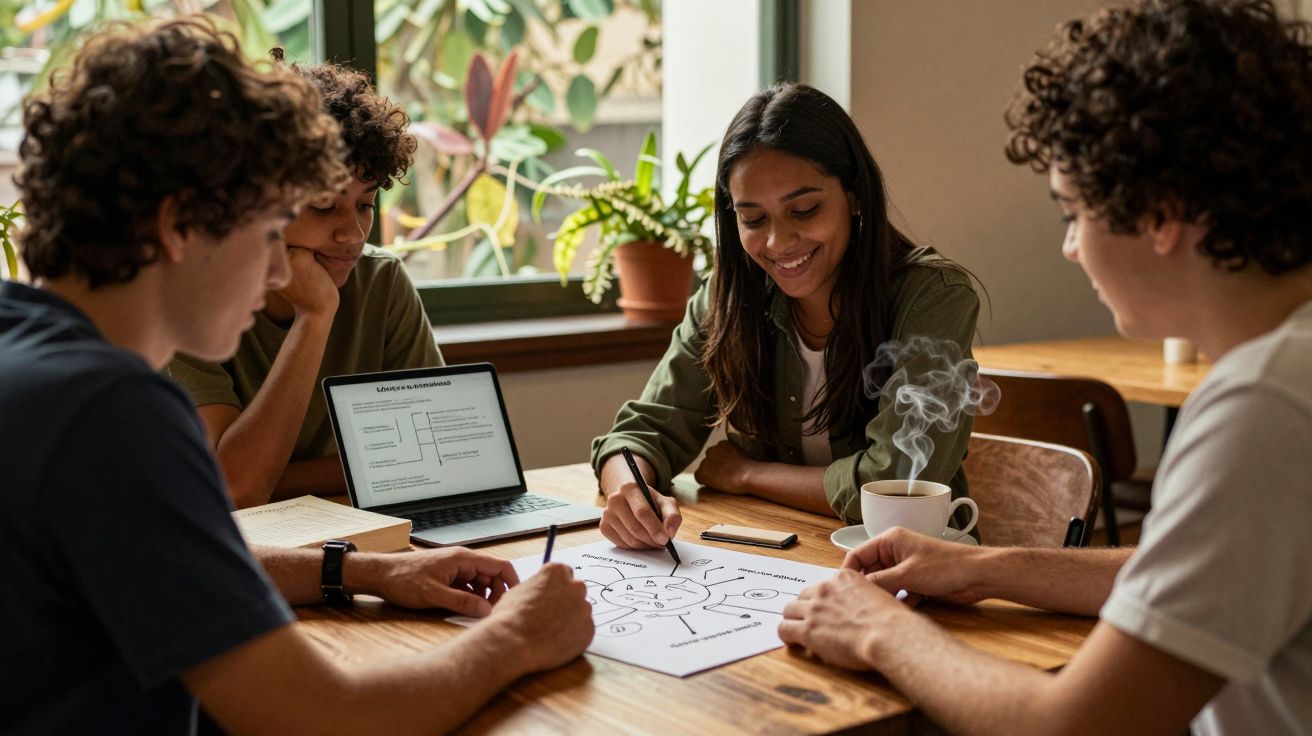 Grupo de jovens estudando juntos numa mesa, com portáteis e anotações, numa sala arejada com plantas ao fundo.