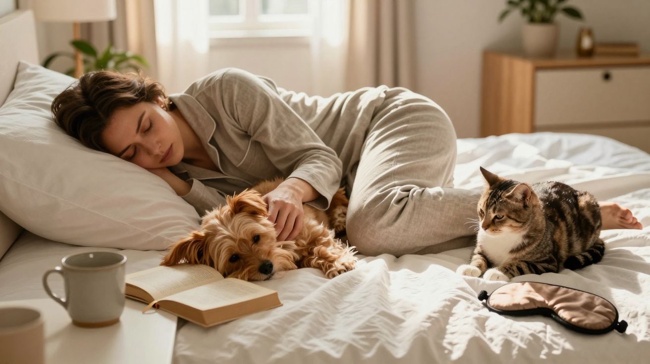 Mulher adormecida na cama com cão e gato ao lado, um livro aberto e máscara de dormir por perto.