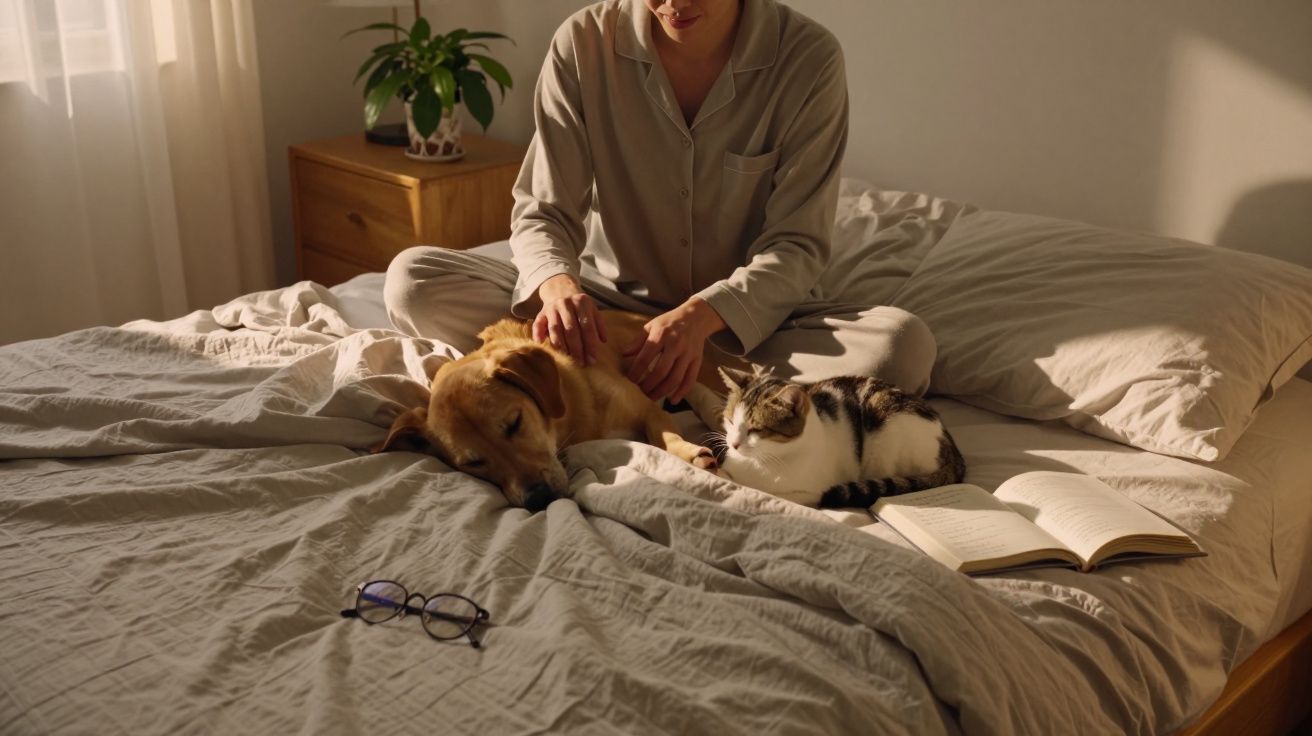 Pessoa sentada na cama com um cão e um gato; livro e óculos ao lado.
