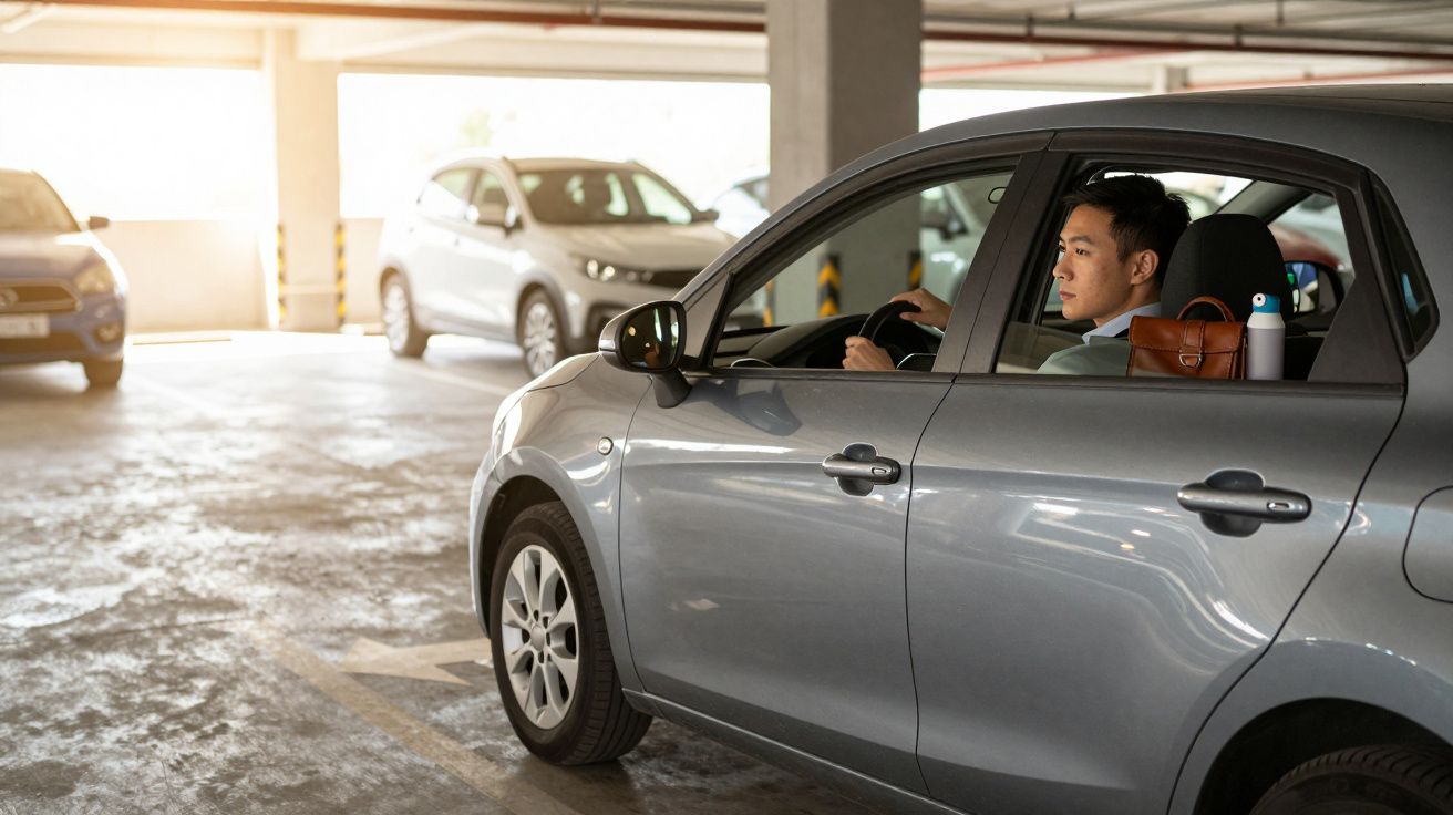 Homem a conduzir carro cinzento numa garagem, com outros carros estacionados ao fundo.
