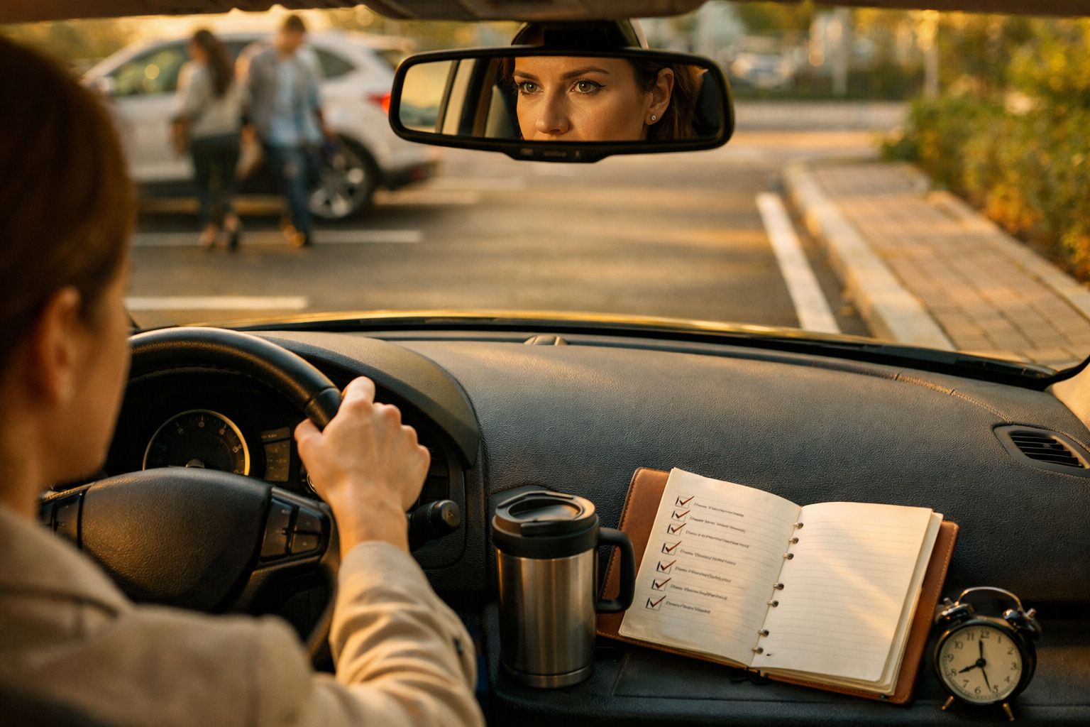 Mulher escreve num bloco de notas, de pé ao lado de um carro estacionado num parque ao pôr do sol.