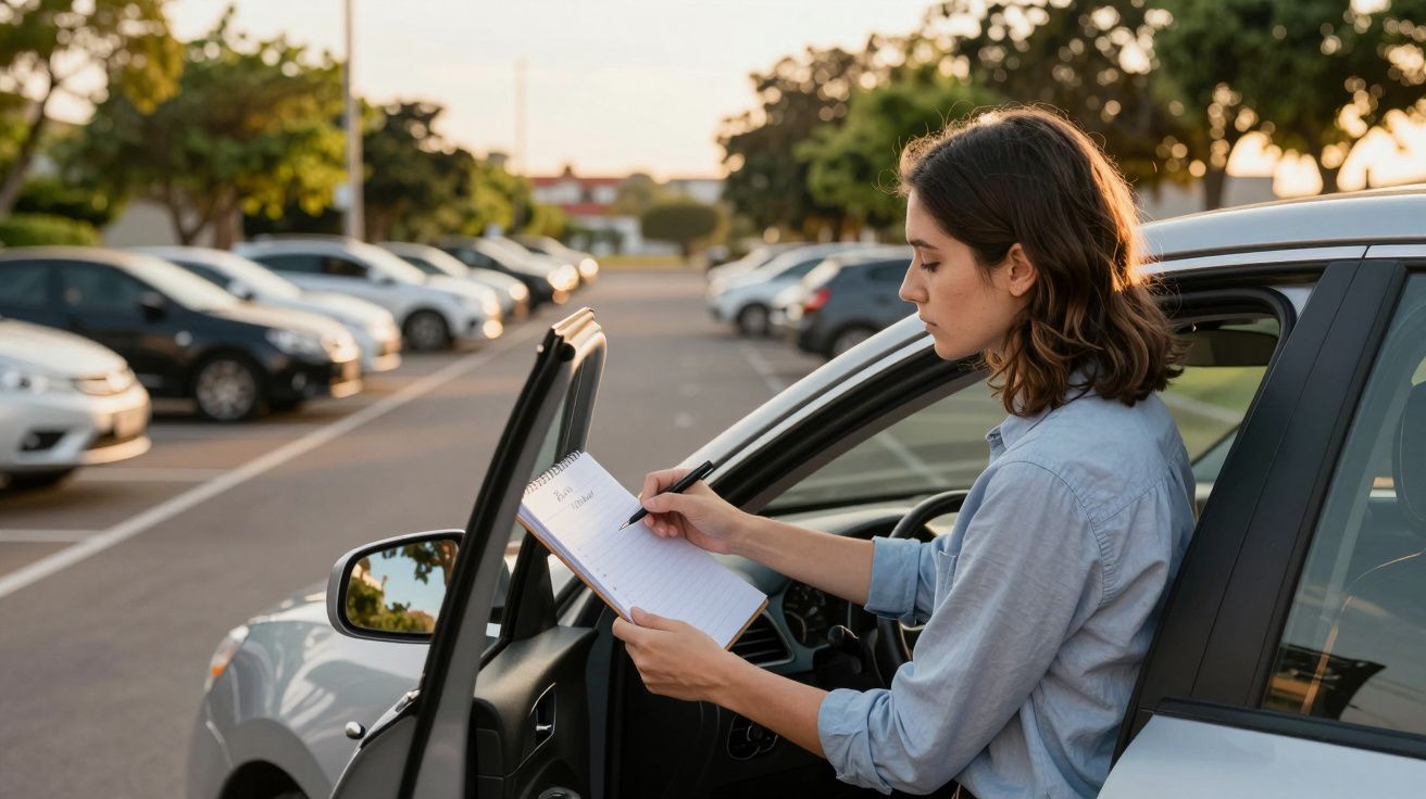 Mulher escreve num bloco de notas ao lado de um carro estacionado ao pôr do sol.