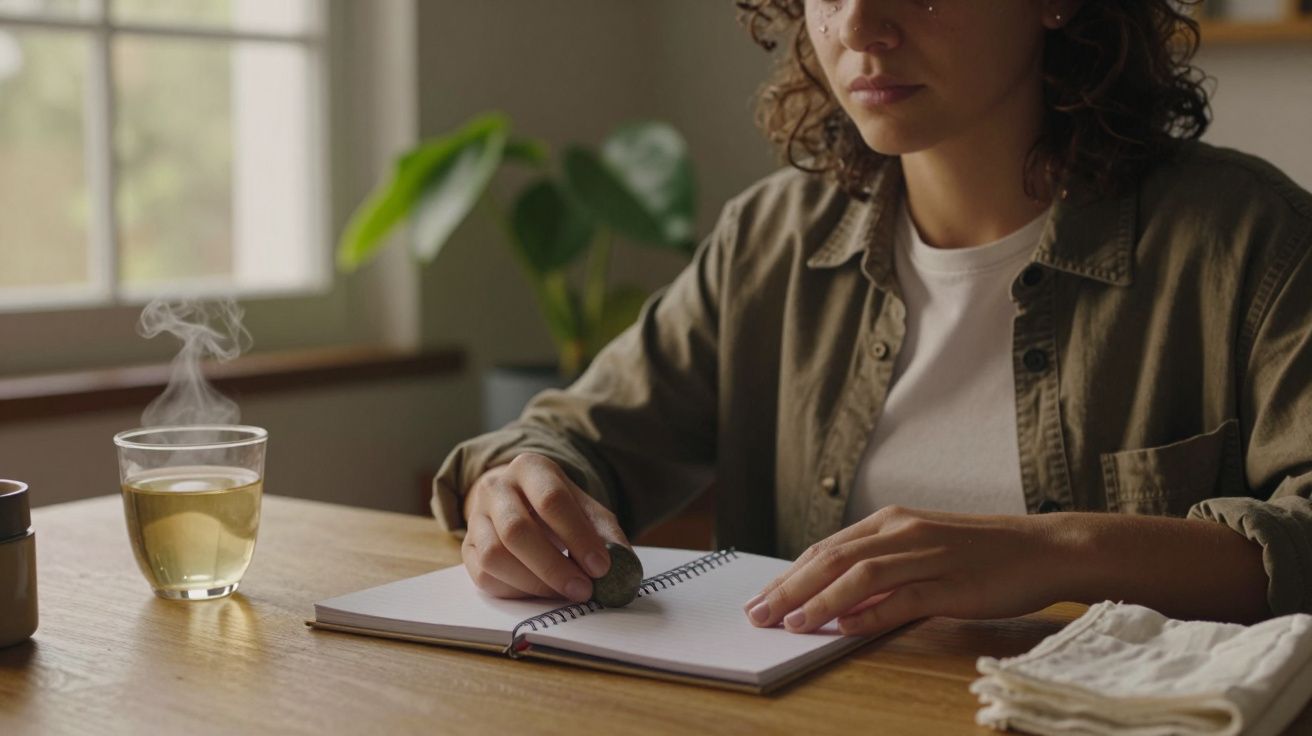Mulher a escrever num caderno numa mesa de madeira, com um copo de chá ao lado e planta ao fundo.