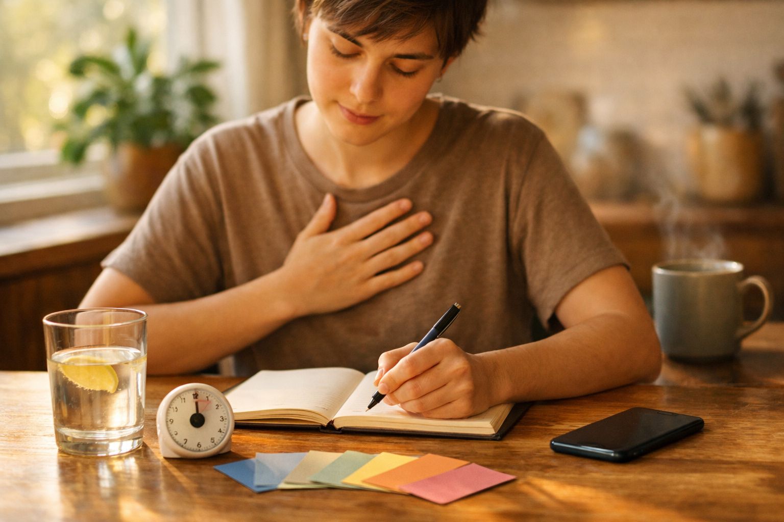 Mulher escreve em caderno ao lado de espelho, vidro de água com limão e planta ao fundo.