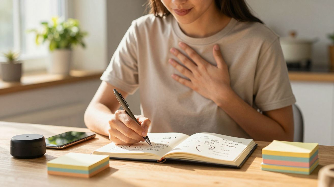 Mulher escreve num diário numa mesa iluminada, rodeada por post-its, telemóvel e um dispositivo eletrónico.