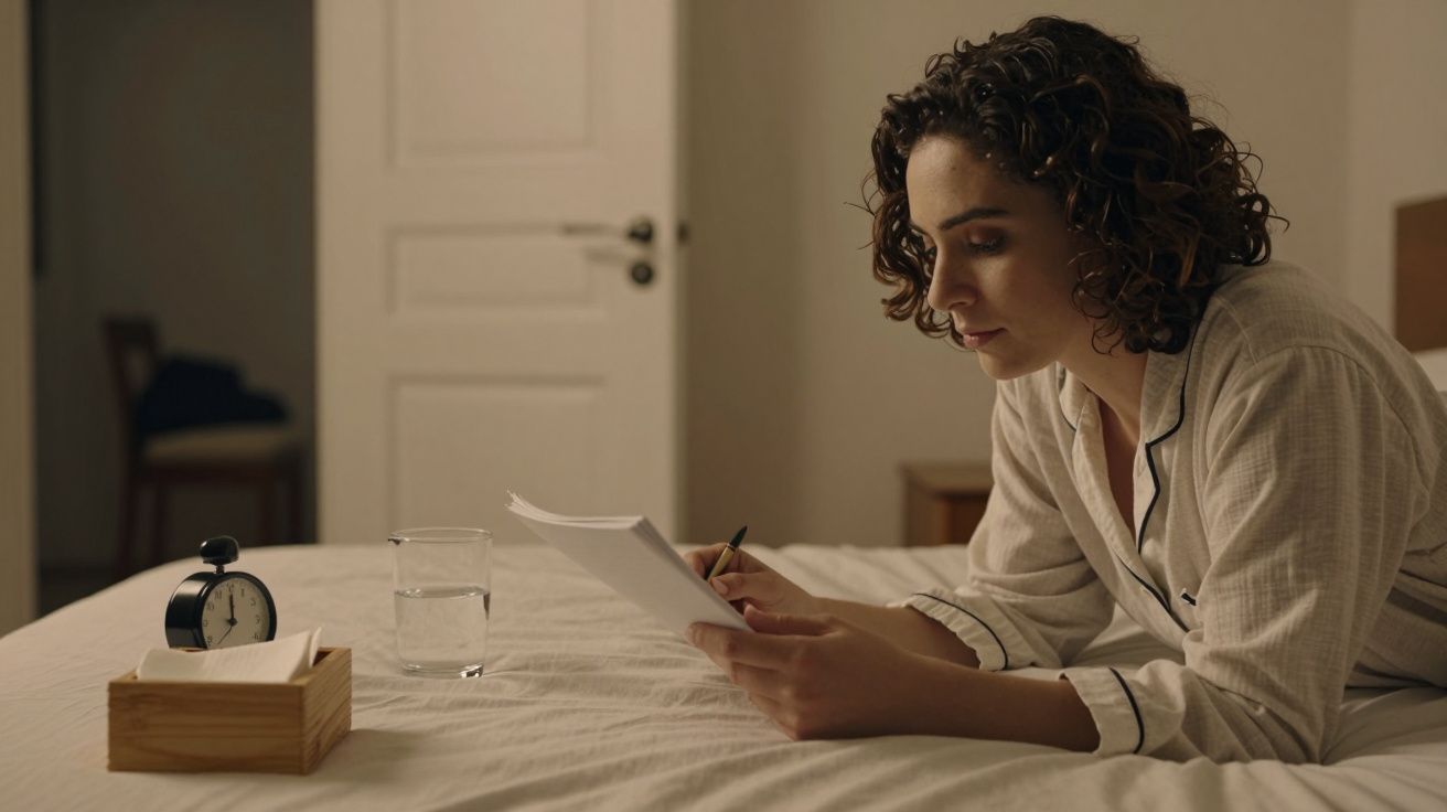 Mulher de pijama lê papeis na cama com relógio e copo de água ao lado.