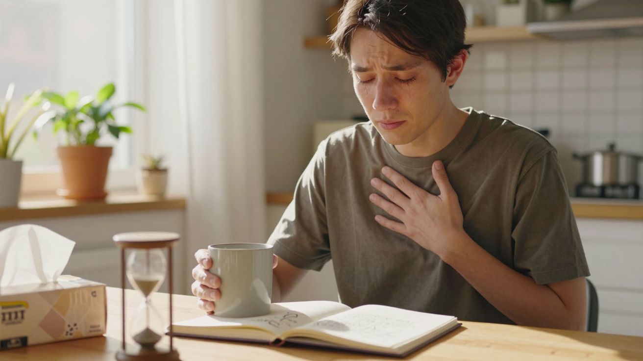 Pessoa sentada à mesa com mão no peito, segurando uma chávena, com bloco de notas aberto e plantas ao fundo.