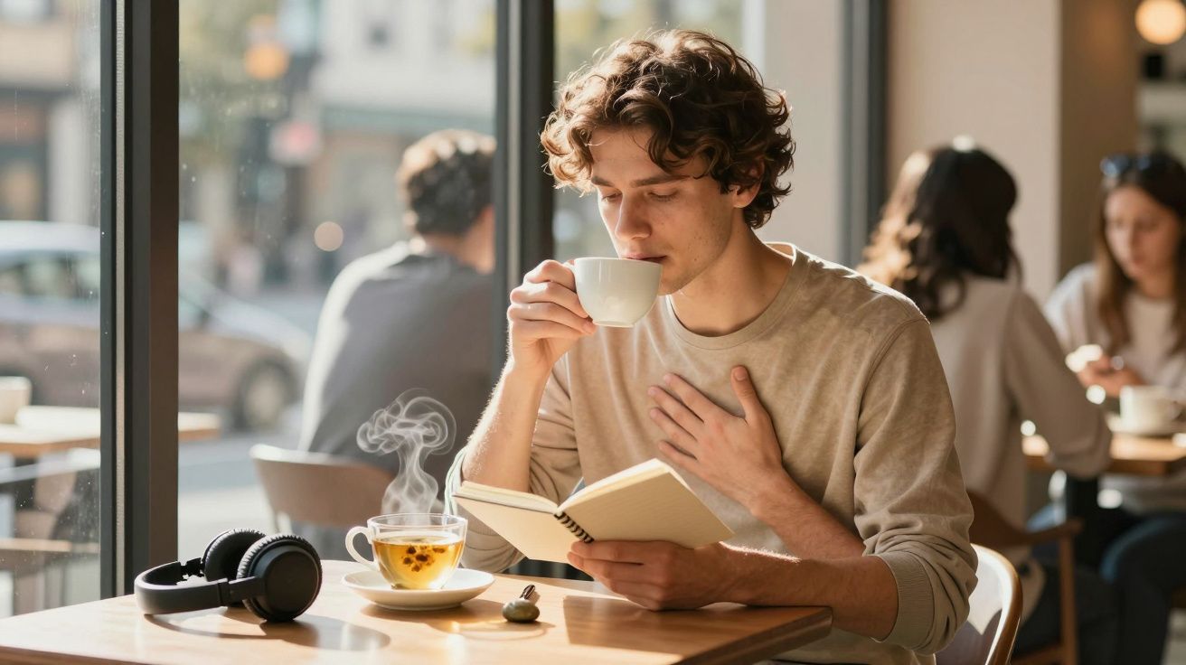 Homem lê livro e bebe café numa cafetaria, com auscultadores e chá sobre a mesa, enquanto outros conversam ao fundo.